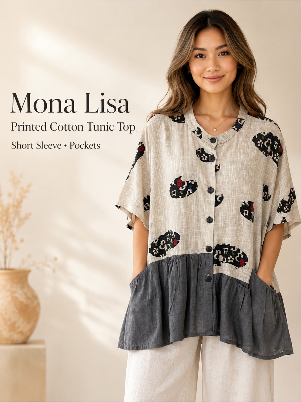 Mona Lisa 100% Cotton Abstract Print Ruffle Hem Pocket Tunic Top